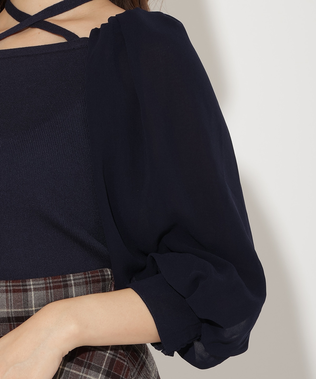 7分袖ホルターリボンニットプルオーバー