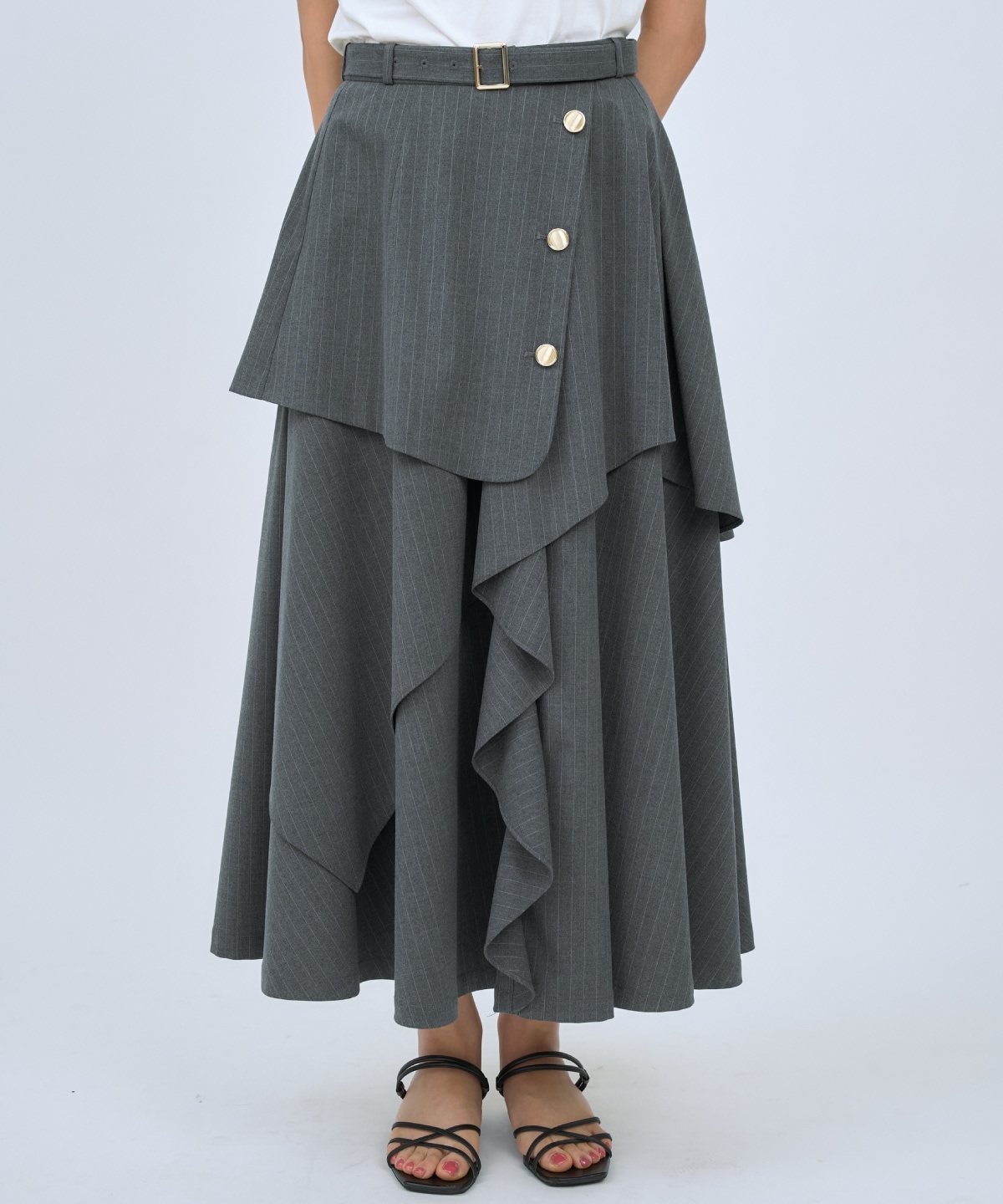 ベルト付きレイヤードデザインフレアスカート