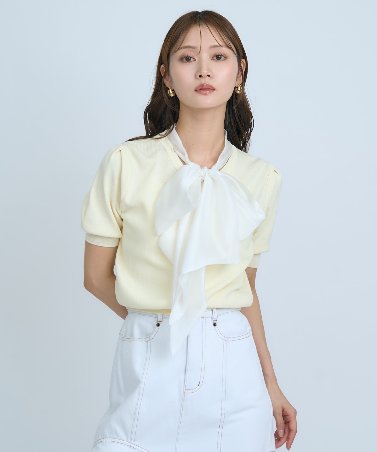 【先行予約受付中】異素材リボン半袖ニットカーディガン