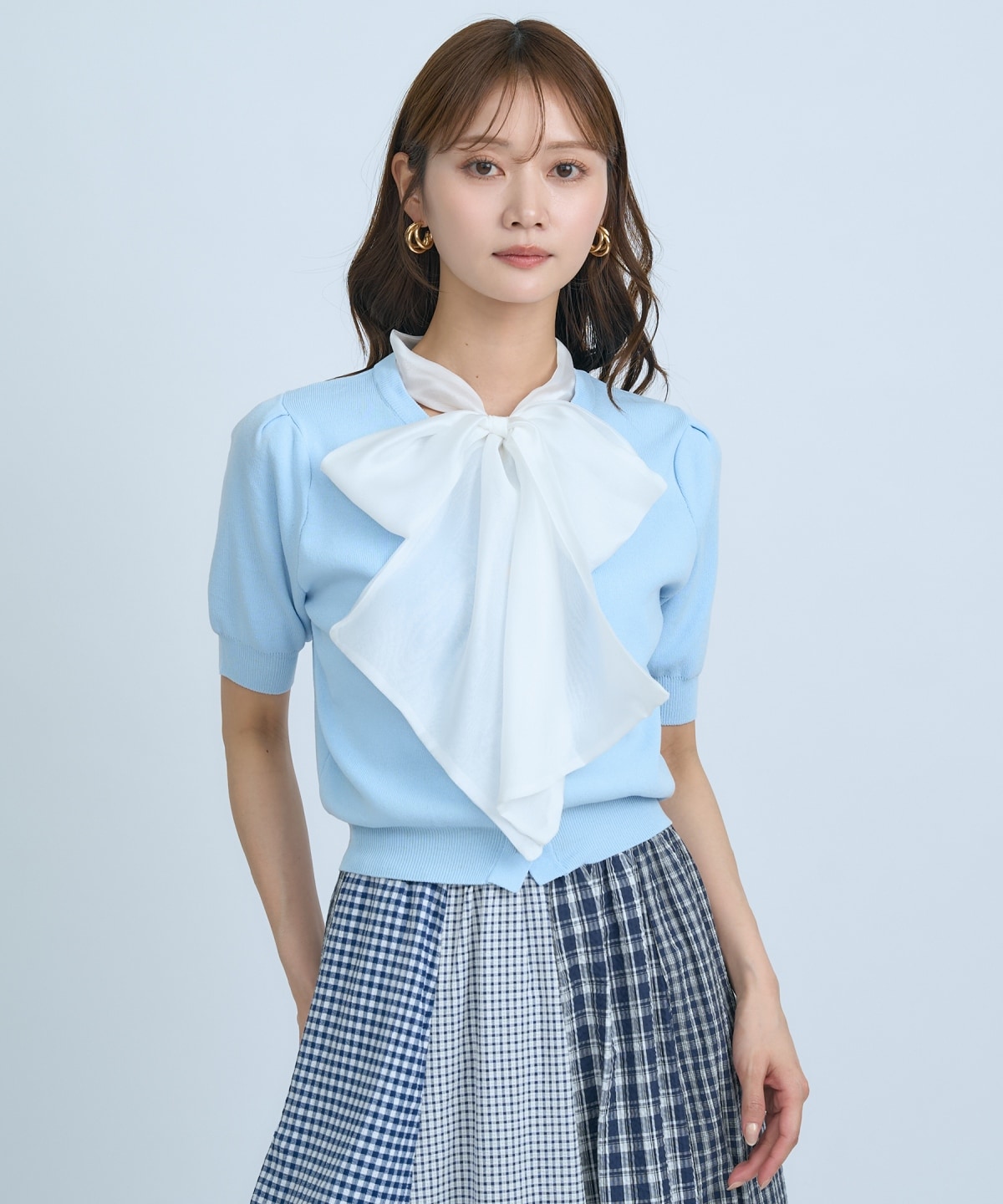 【先行予約受付中】異素材リボン半袖ニットカーディガン