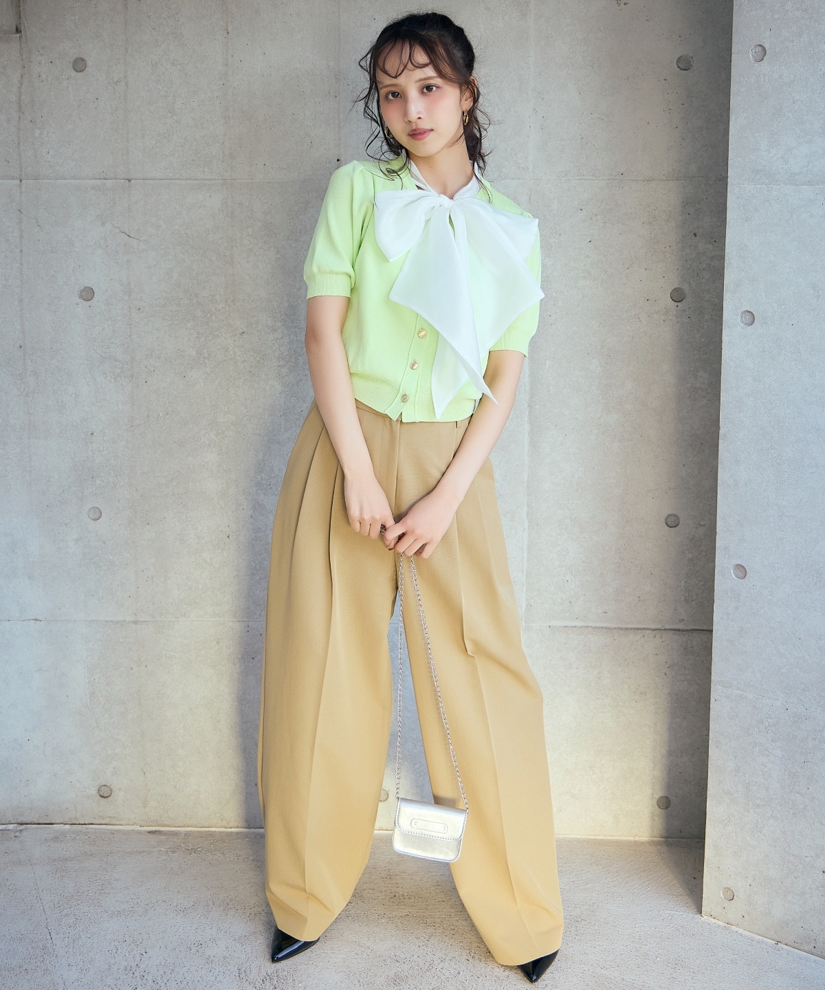 【先行予約受付中】異素材リボン半袖ニットカーディガン