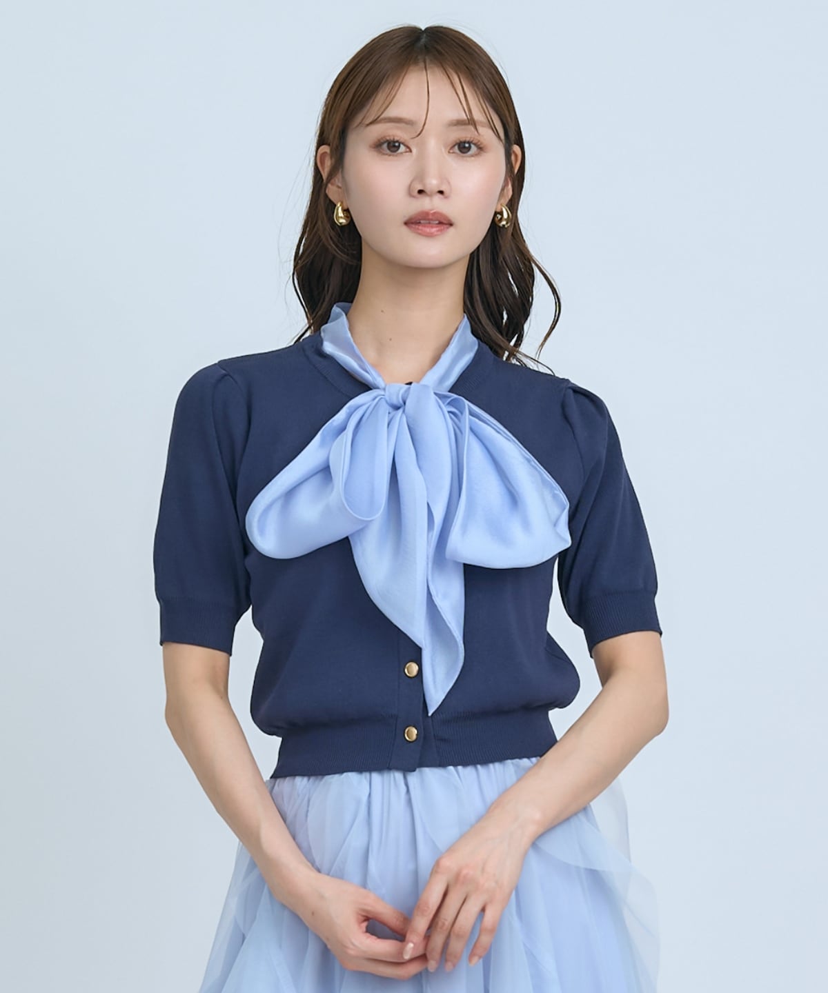 【先行予約受付中】異素材リボン半袖ニットカーディガン