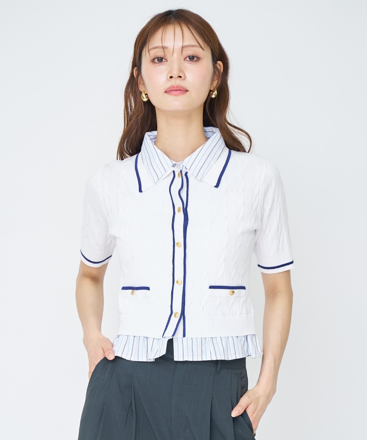 【先行予約受付中】配色シャツ襟ペプラムニットプルオーバー