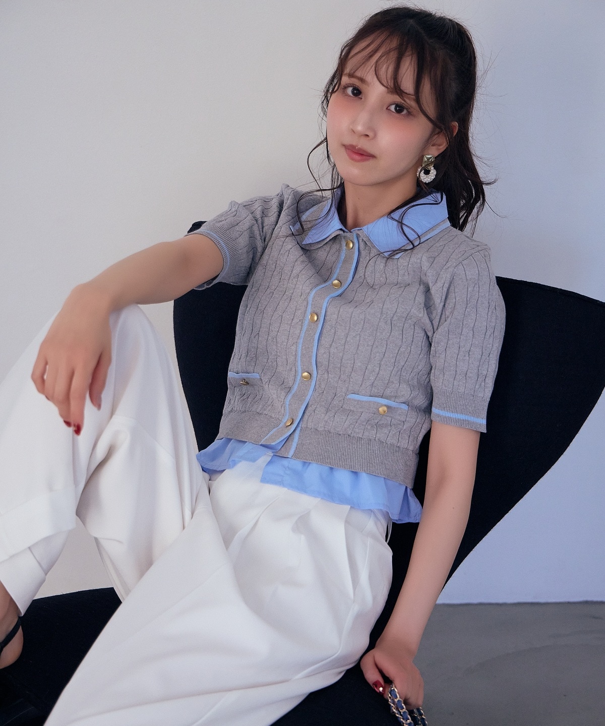 【先行予約受付中】配色シャツ襟ペプラムニットプルオーバー