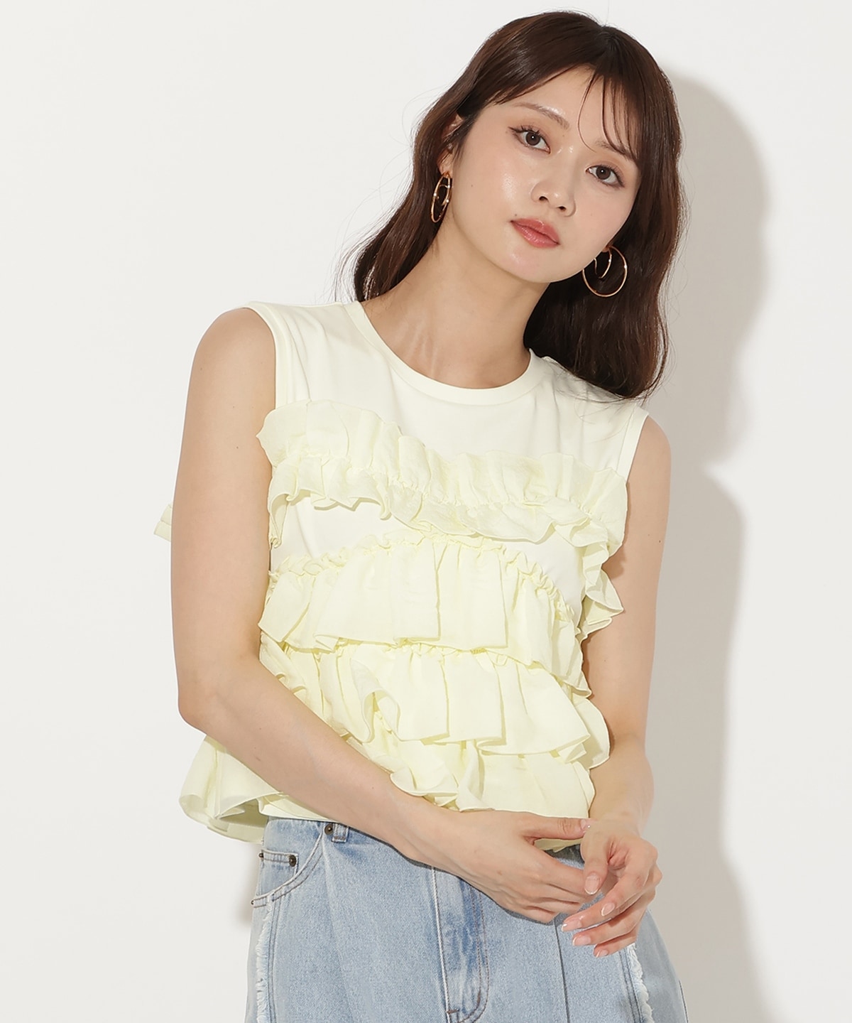 ティアードフリルコンビノースリーブTシャツ