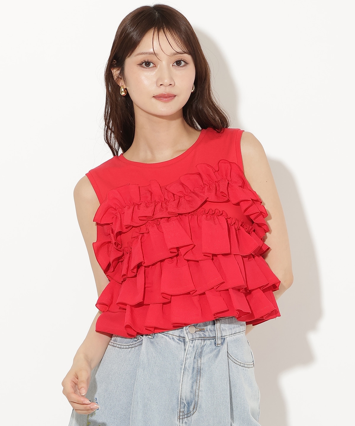 ティアードフリルコンビノースリーブTシャツ