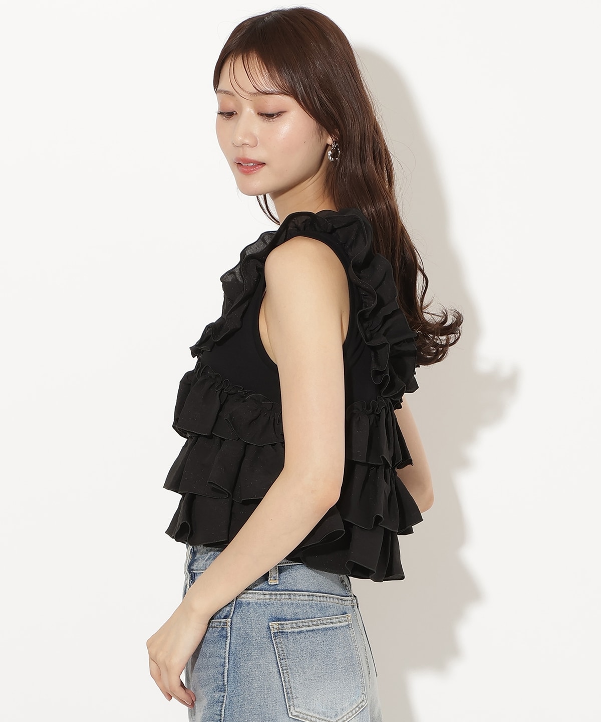 ティアードフリルコンビノースリーブTシャツ