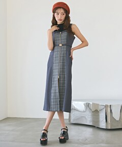 フロントジップバイカラーチェックワンピース