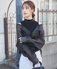 シャツレイヤードハイネックリブニットプルオーバー(M オフ): Swingle