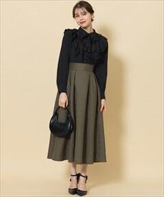 キルティングボリュームタックフレアスカート(F カーキ): Swingle 