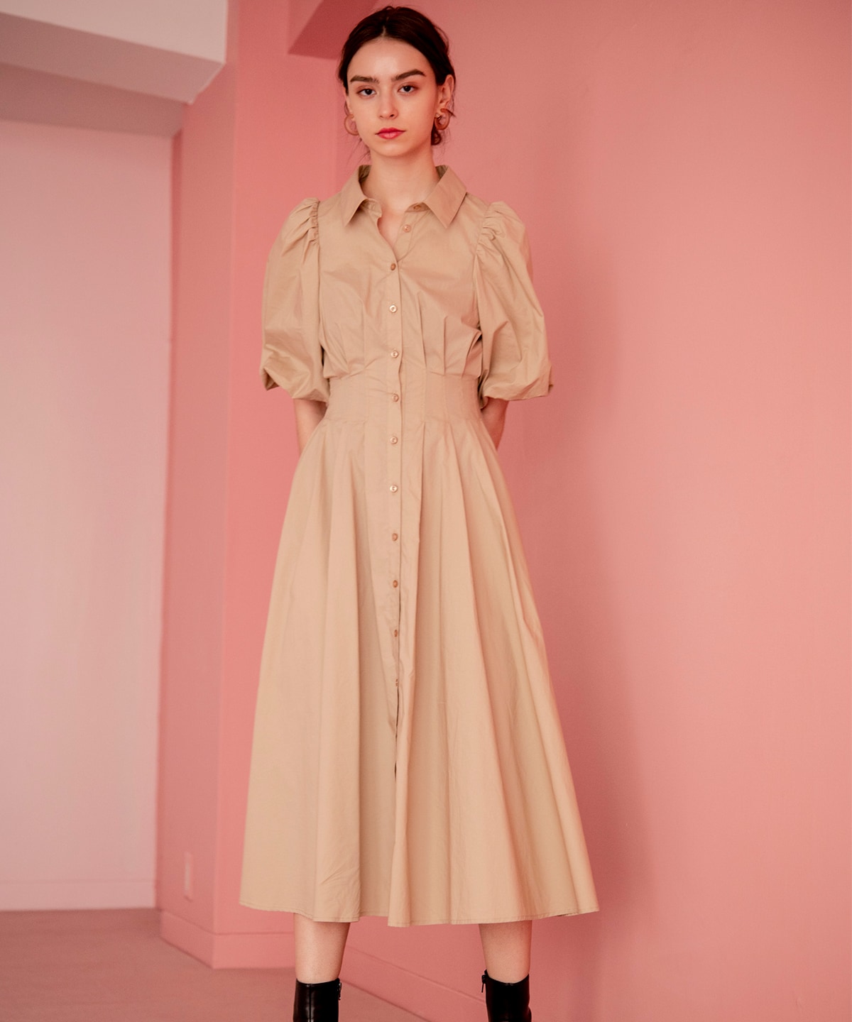 ウエストタックパフスリーブシャツワンピース M ベージュ And Couture 公式オンラインショップ バーンデストローズ