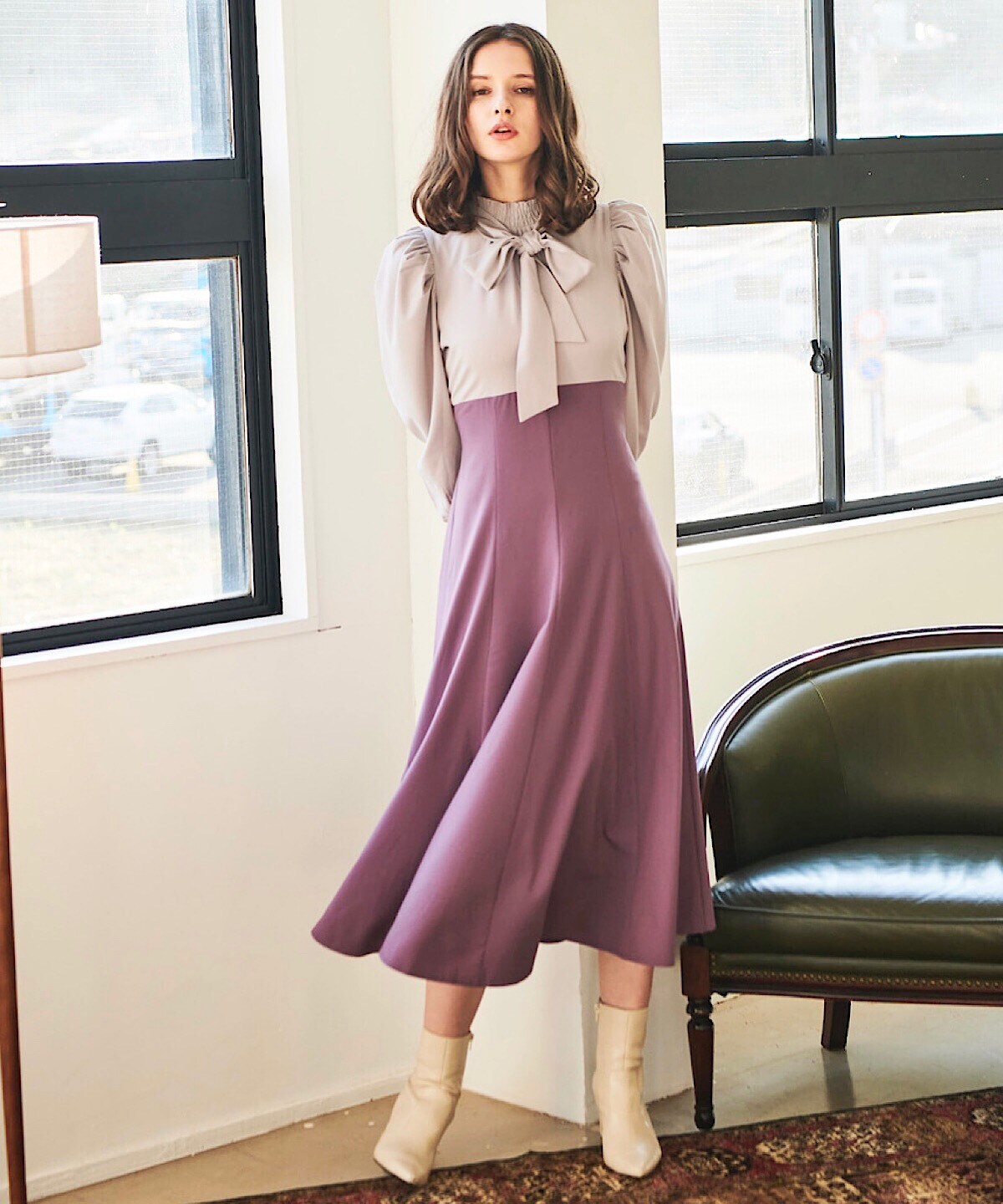 配色ボウタイワンピース M パールモーブ And Couture 公式オンラインショップ バーンデストローズ