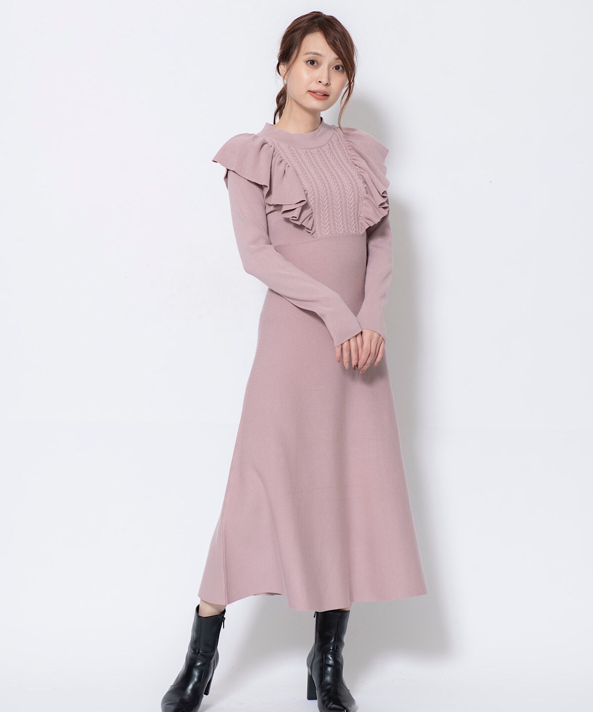 肩フリルニットワンピース M ピンク And Couture 公式オンラインショップ バーンデストローズ