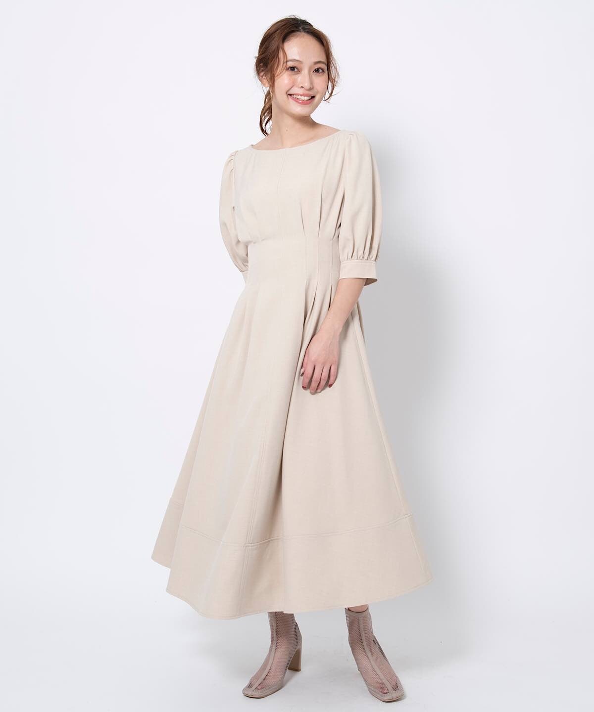 麻調ウエストタックワンピース M ベージュ And Couture 公式オンラインショップ バーンデストローズ