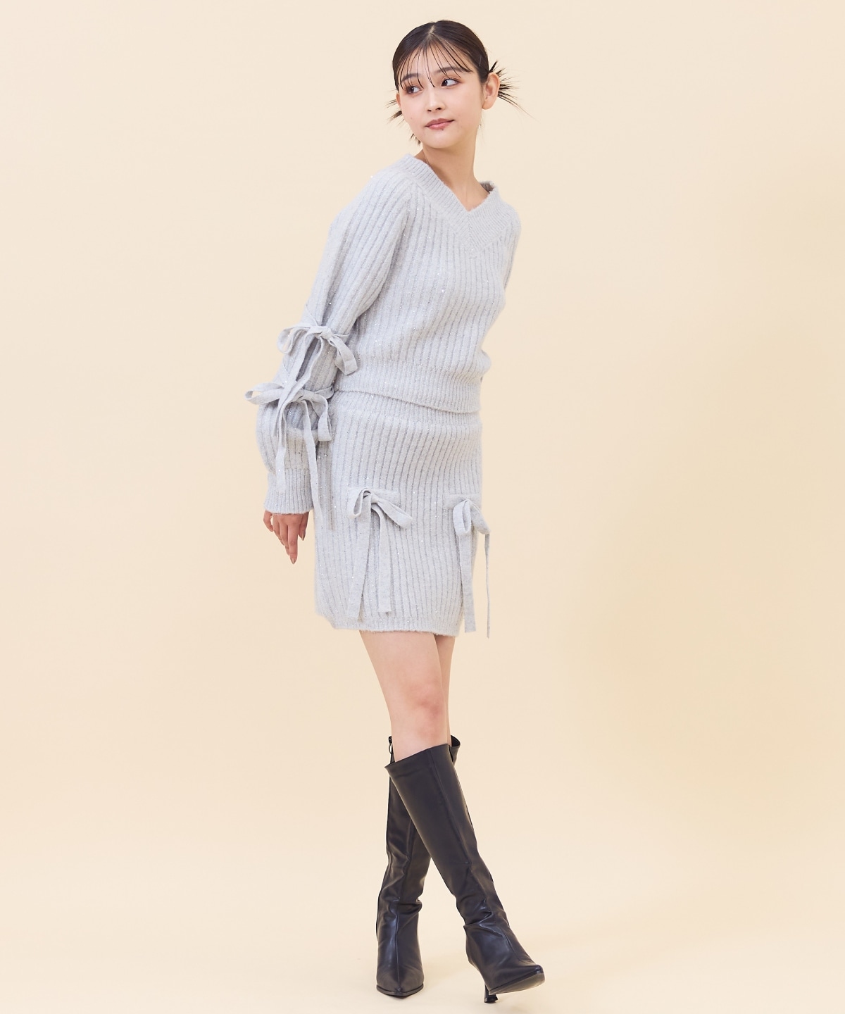 【セットアップ可能】ラメスパンコールニットミニスカート