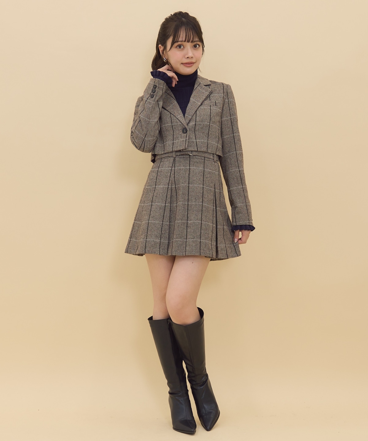 【セットアップ可能】ヘリンボーンチェックタックミニスカート