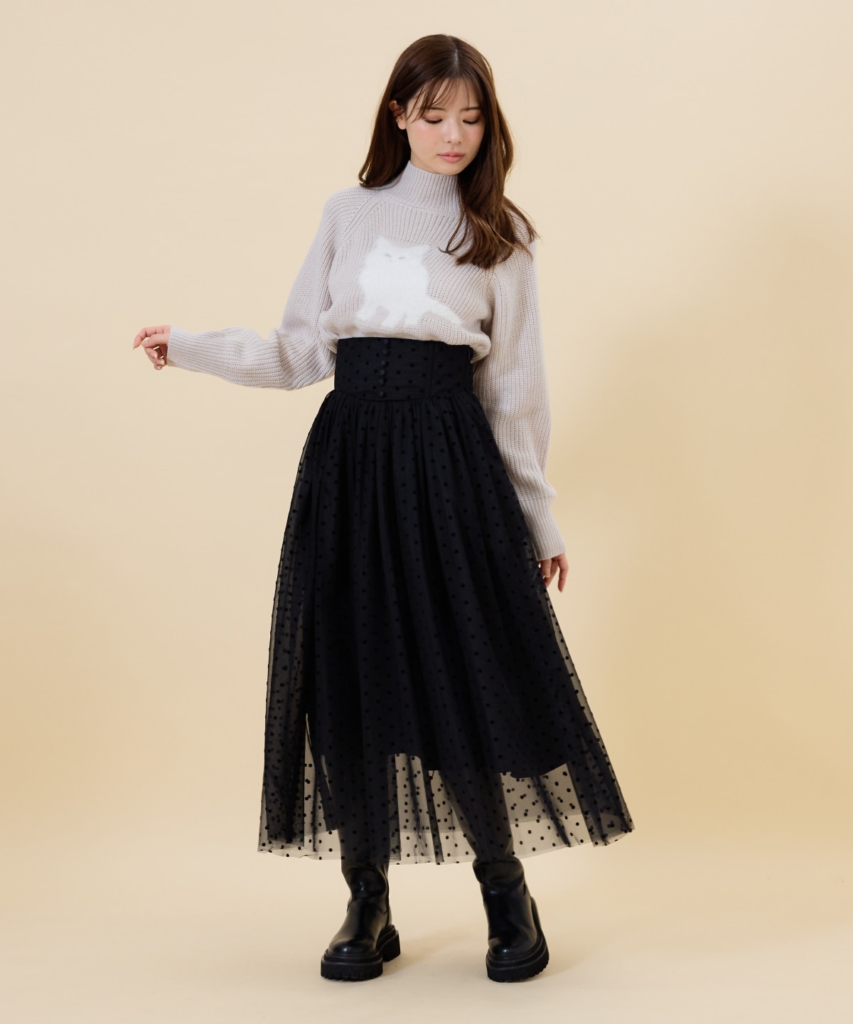 ドットチュールフレアスカート