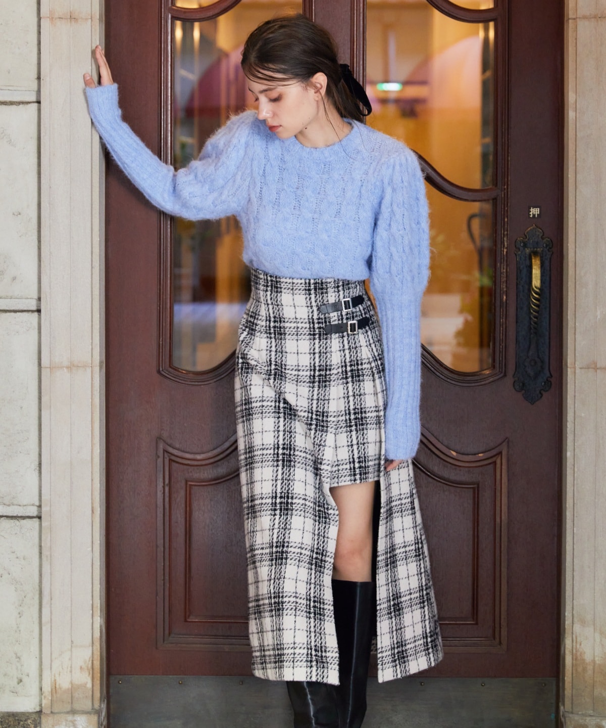 ケーブルパフスリーブニットトップス