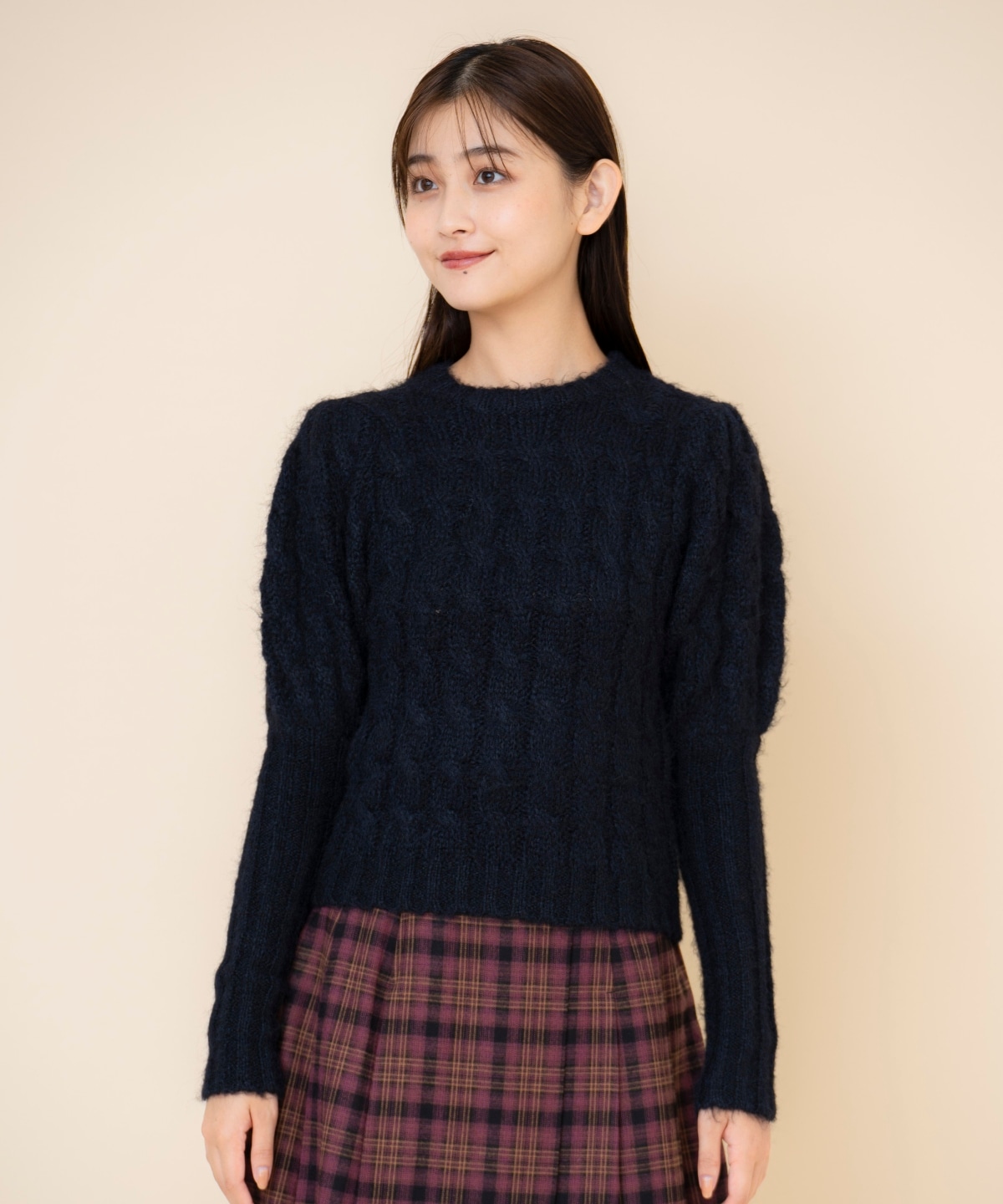 ケーブルパフスリーブニットトップス