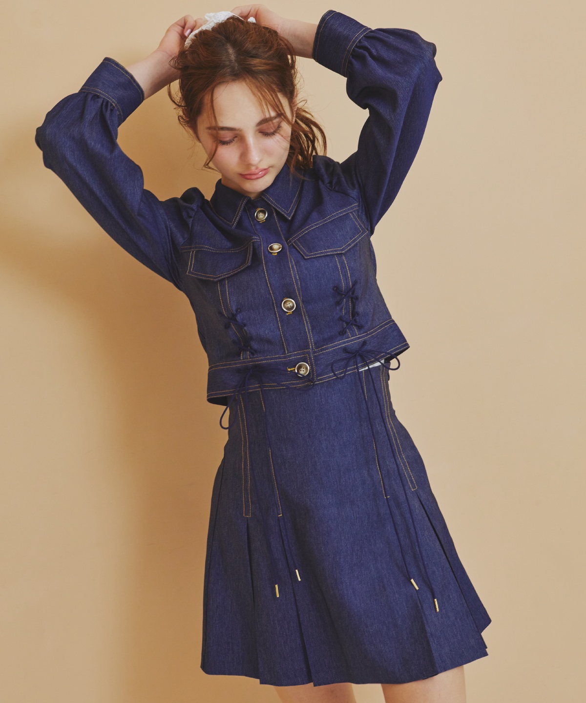 【セットアップ可能】デニムライクタックプリーツミニスカート