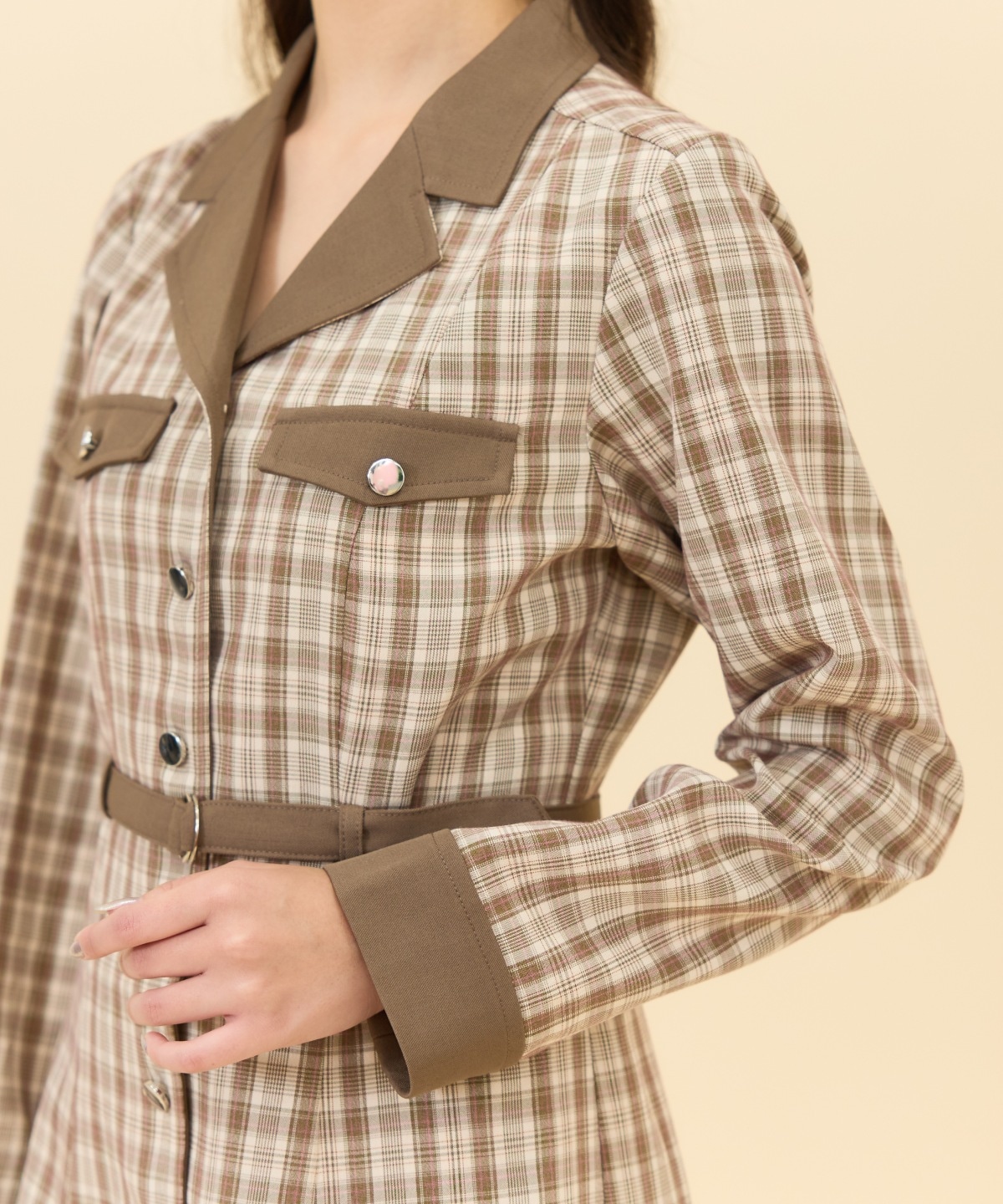 チェックバイカラーミニシャツワンピース