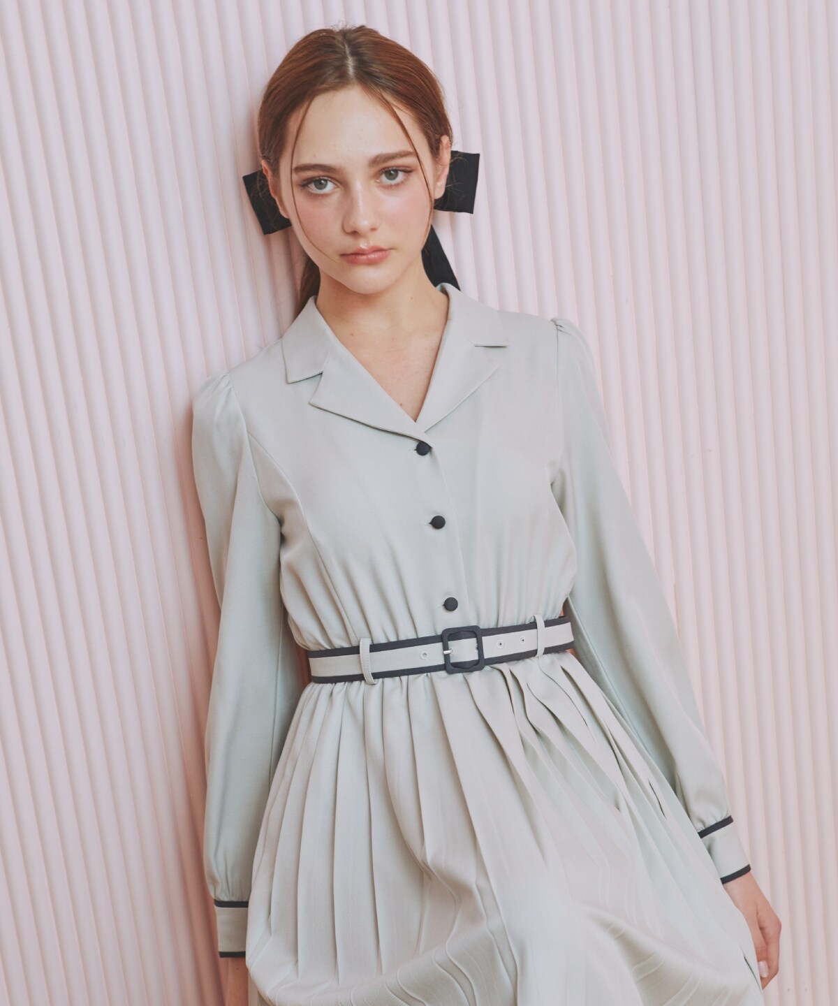 バイカラープリーツシャツワンピース