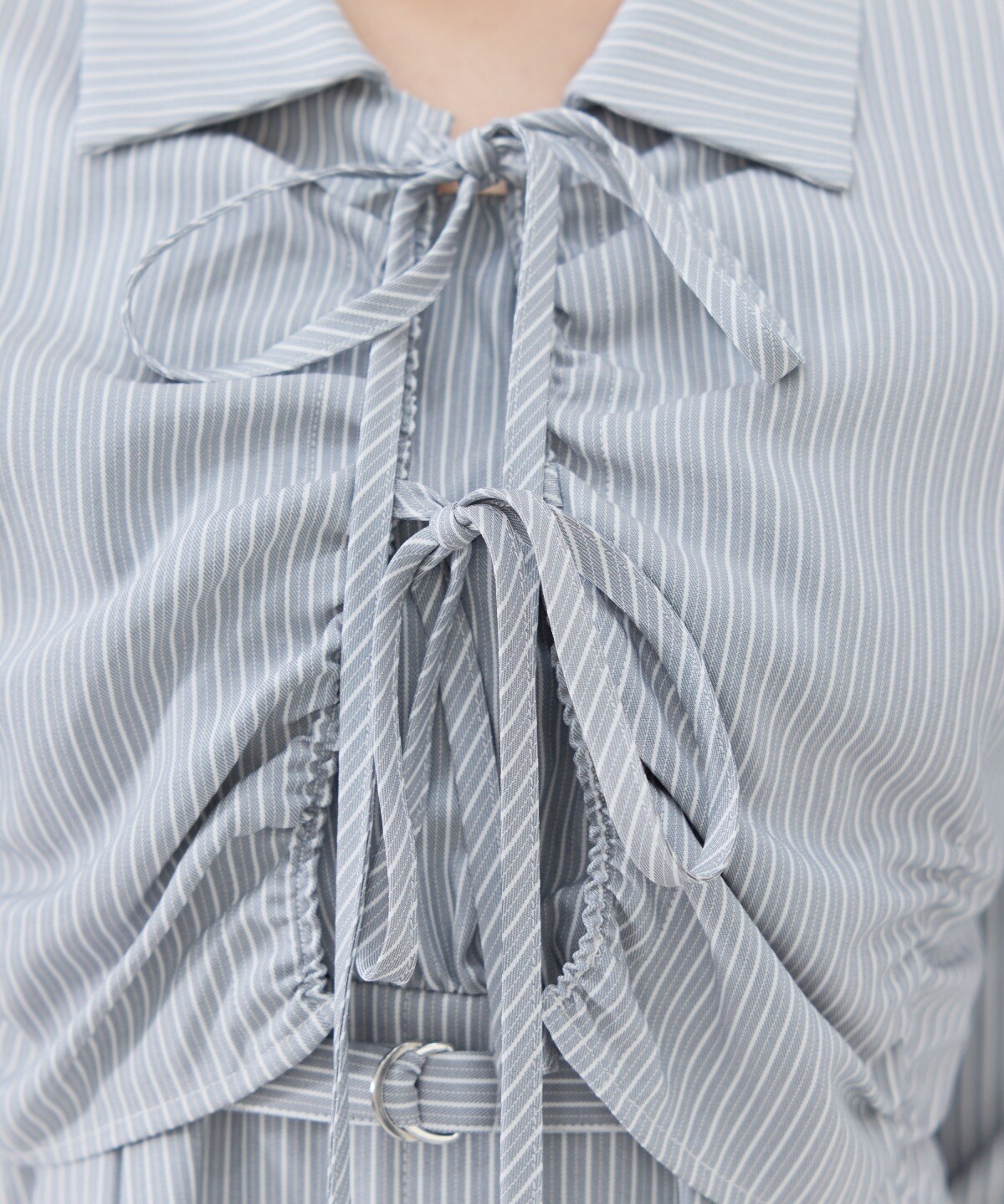 フロントシャーリングシャツ＆ストライプミニワンピースセット