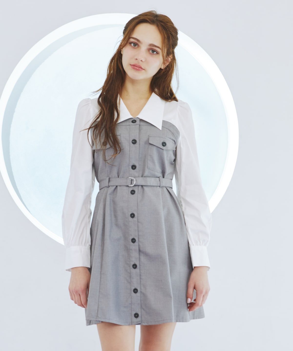 レイヤードデザインミニシャツワンピース