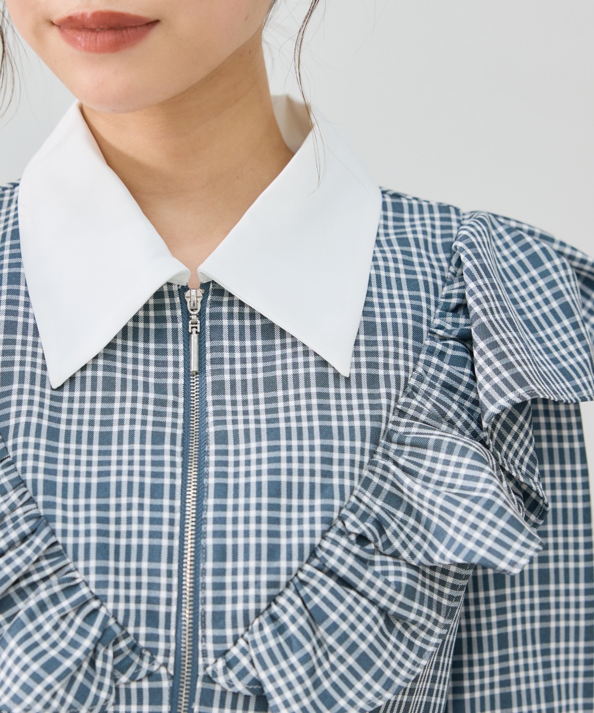 チェックフロントジップフリルミニシャツワンピース