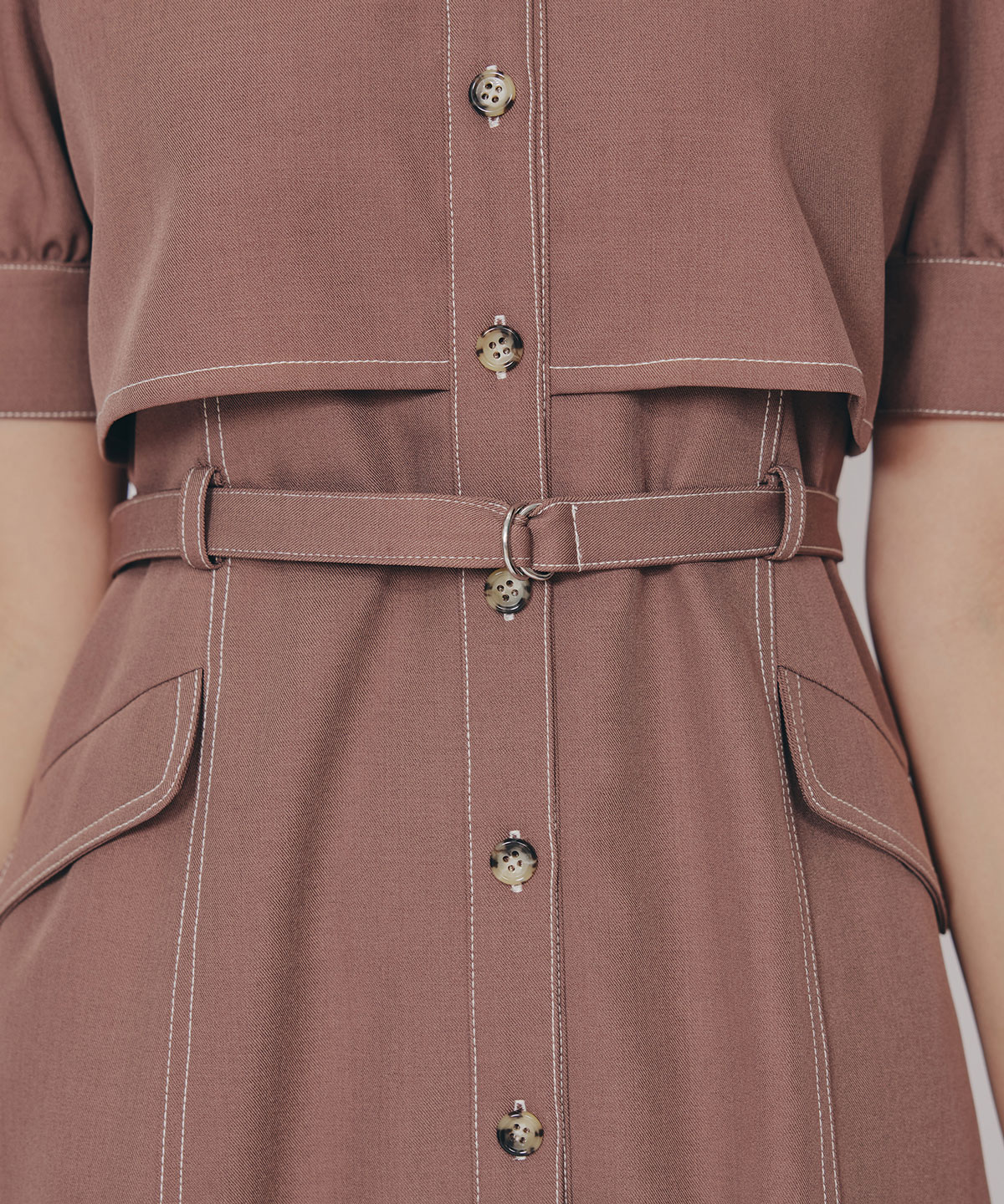 レイヤードデザインバイカラーステッチミニシャツワンピース