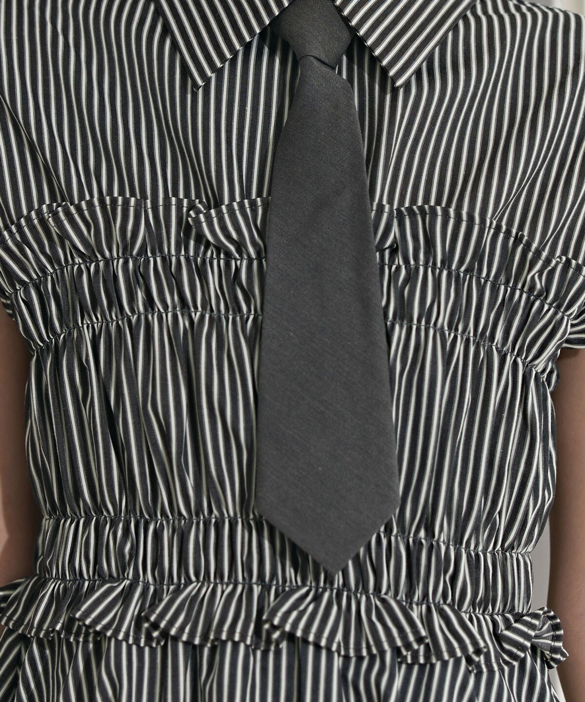 ヘムフリルレイヤードストライプシャツワンピース