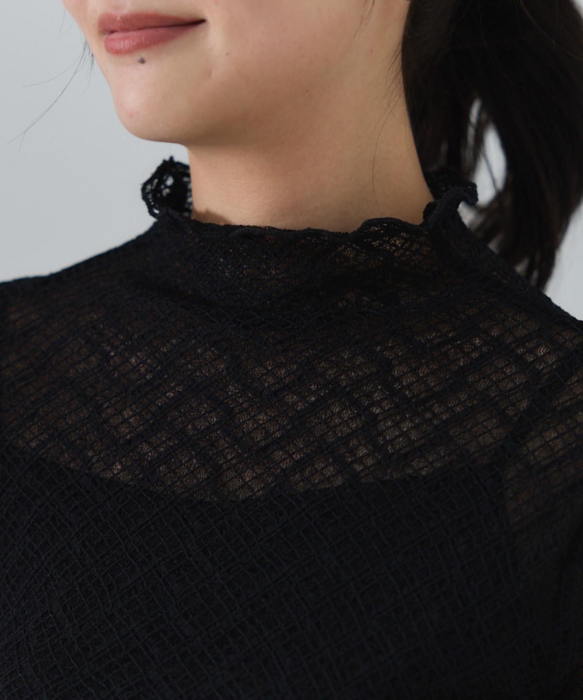 チェックレースハイネックトップス