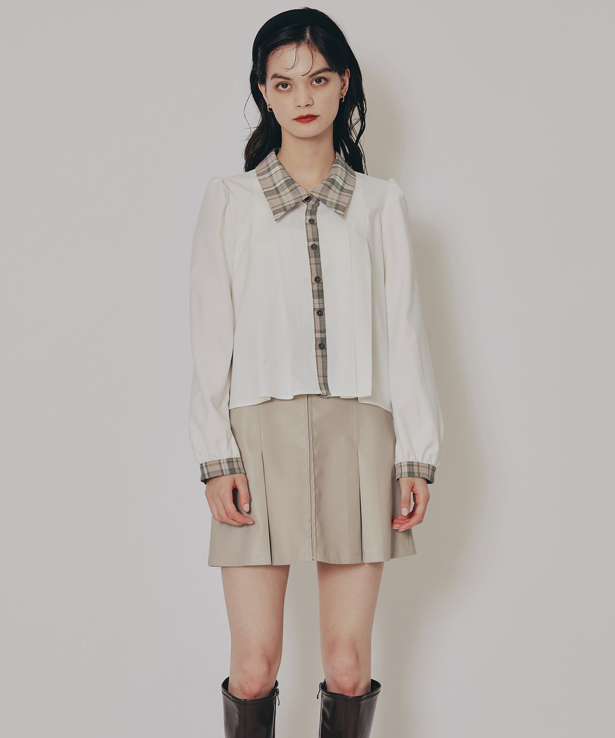 チェックバイカラーリボンタイブラウス