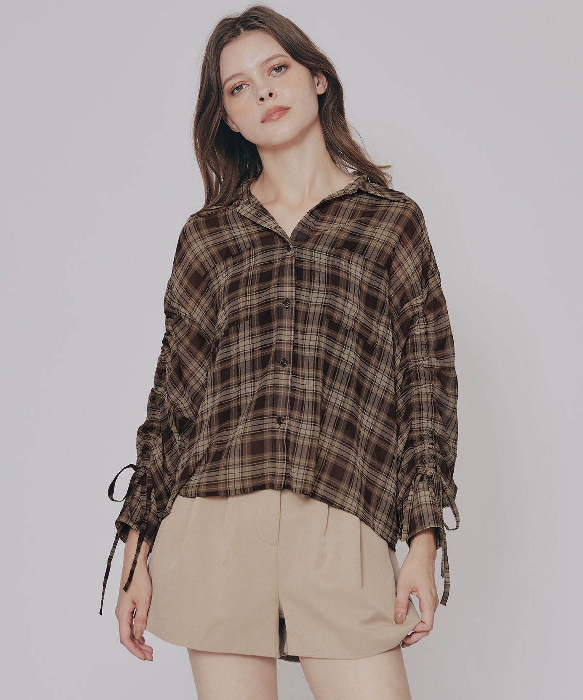 シアーチェックドロストスリーブシャツ