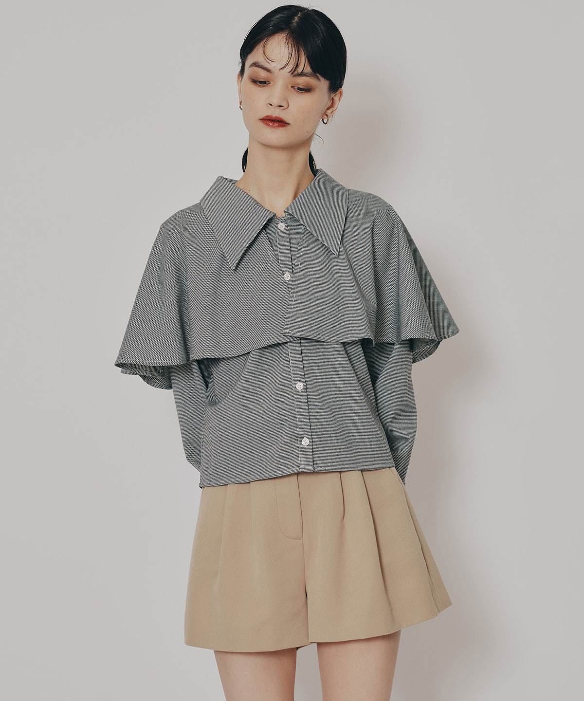 ケープライクグレンチェックリボンタイブラウス