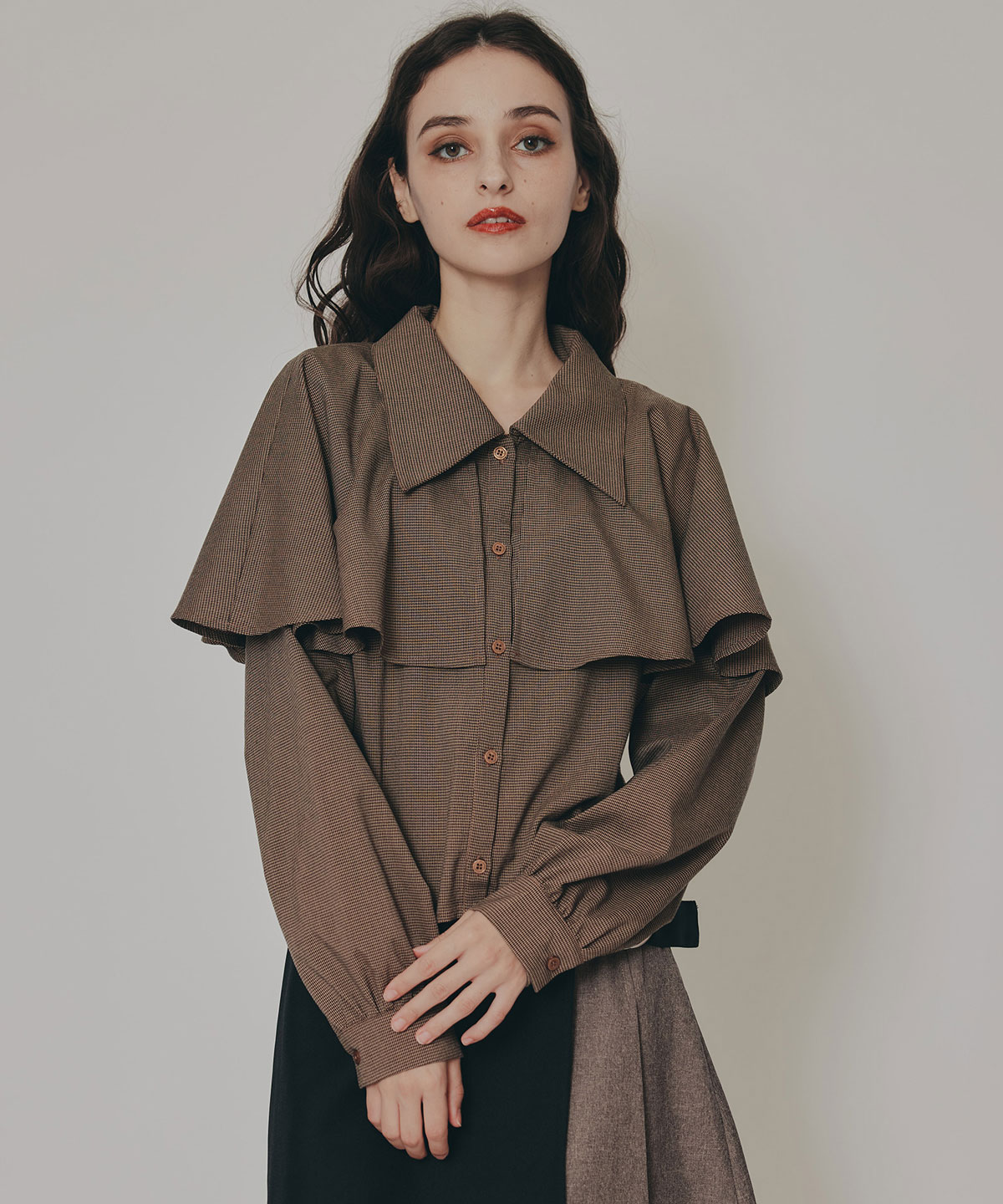 ケープライクグレンチェックリボンタイブラウス