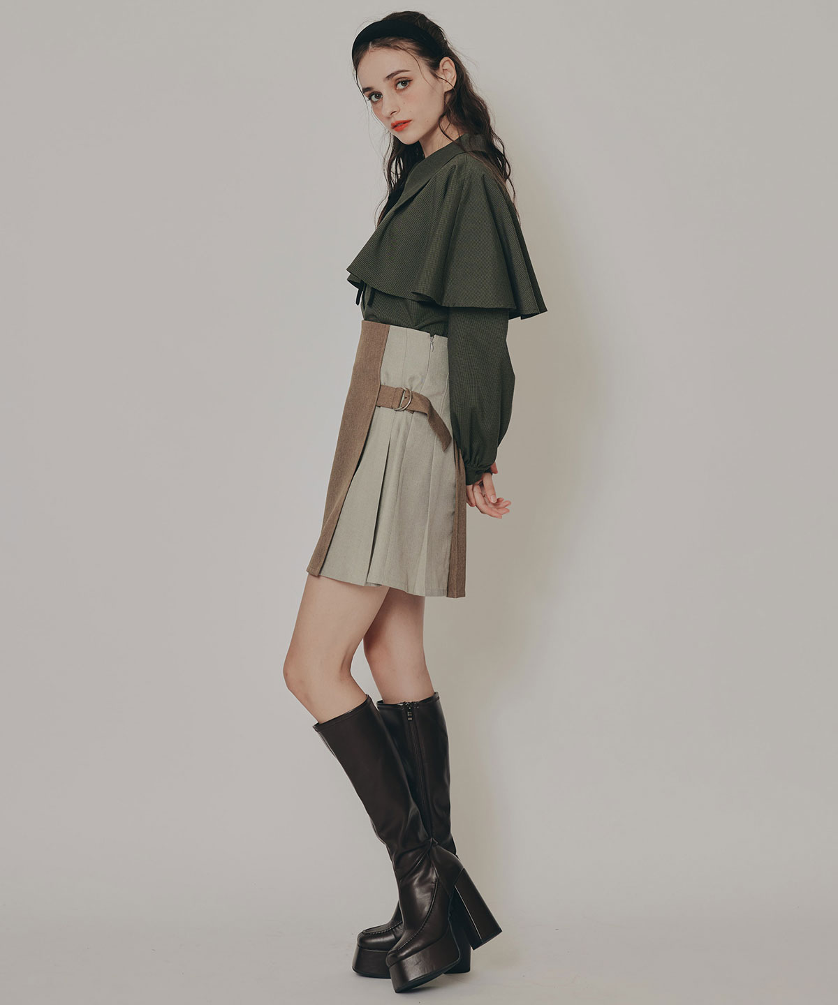 ケープライクグレンチェックリボンタイブラウス