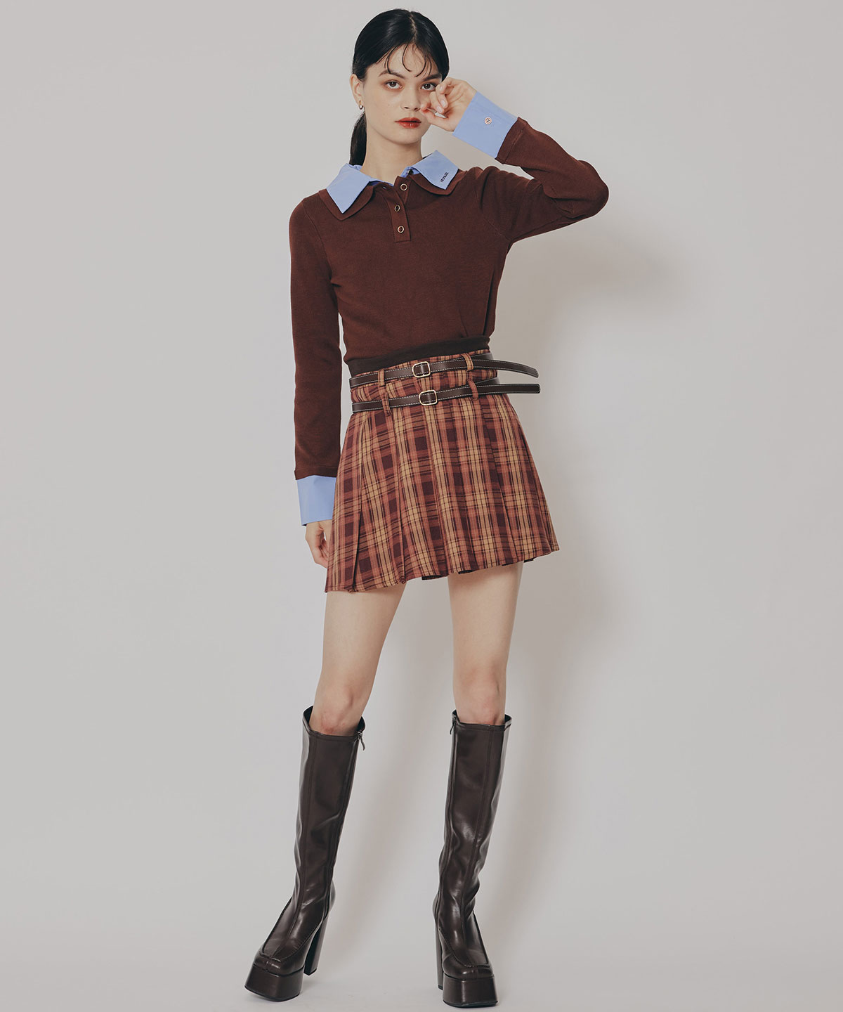 ダブルベルトチェックプリーツミニスカート