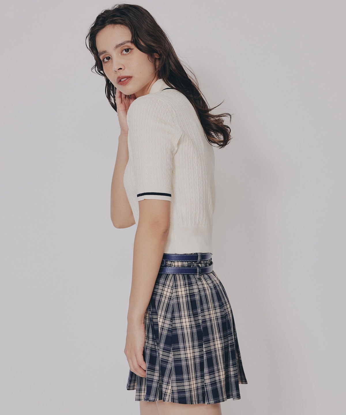 ダブルベルトチェックプリーツミニスカート