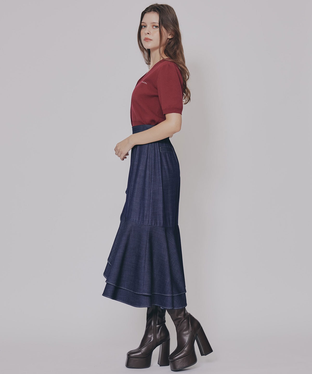 アシメフリルデニムライクティアードスカート