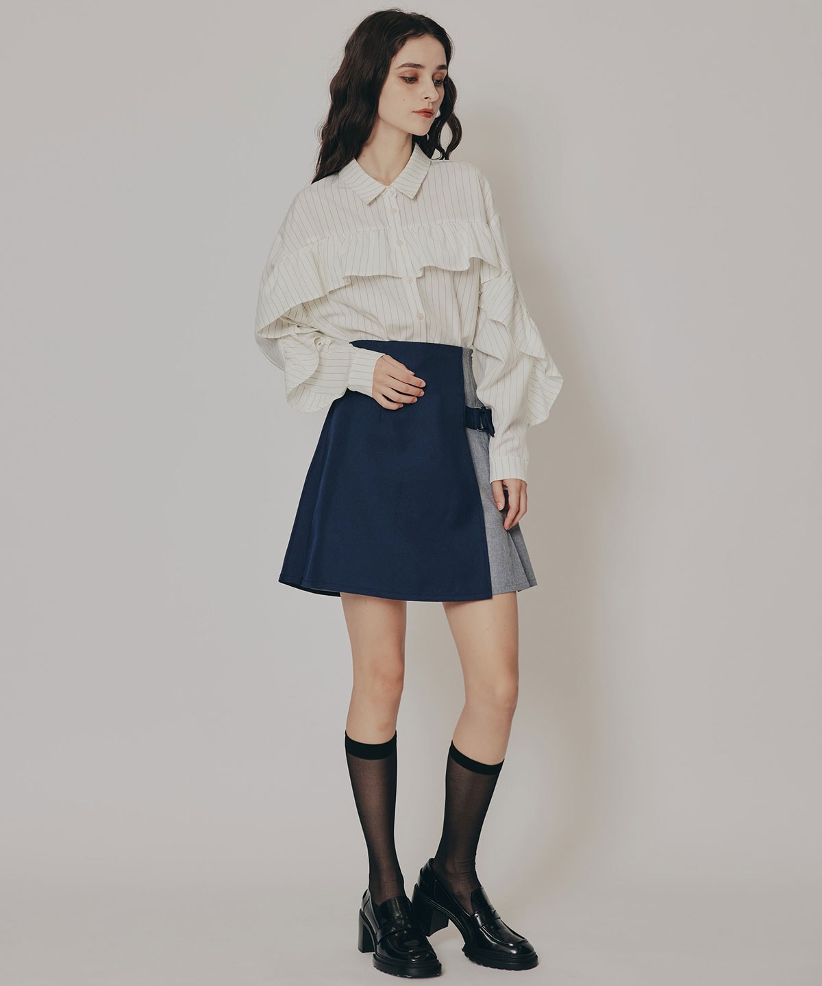 バイカラーアシメプリーツミニスカート