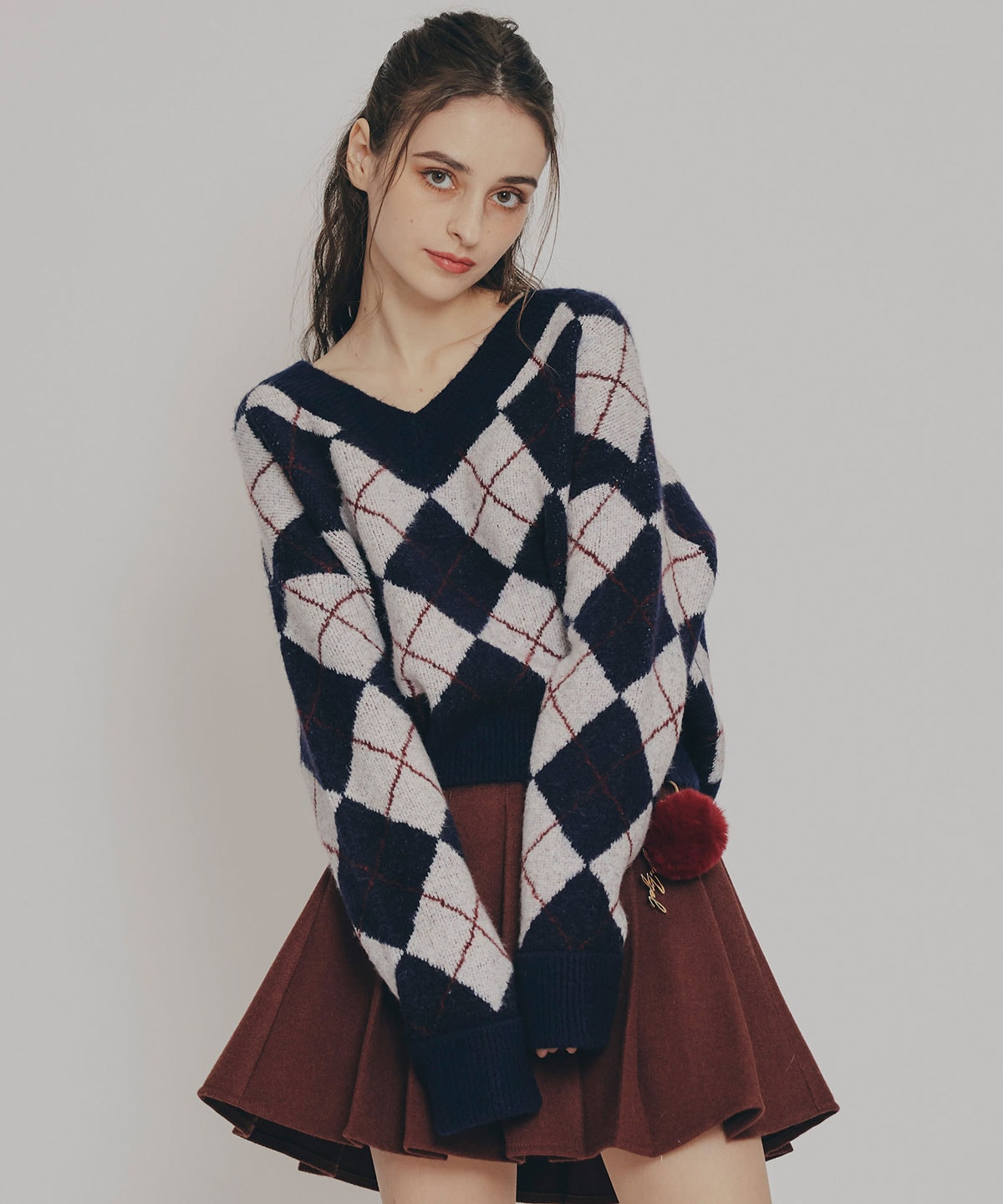 ファーチャームウールライクプリーツミニスカート