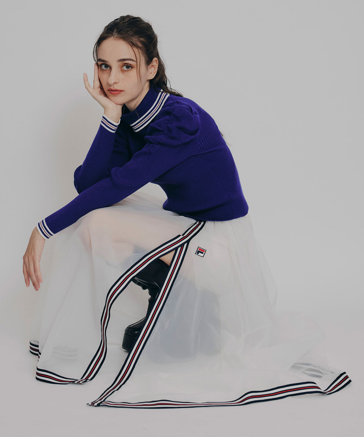 ［FILA×REDYAZEL］チュールレイヤードショートパンツ×トリコロールラインスリットロングスカート