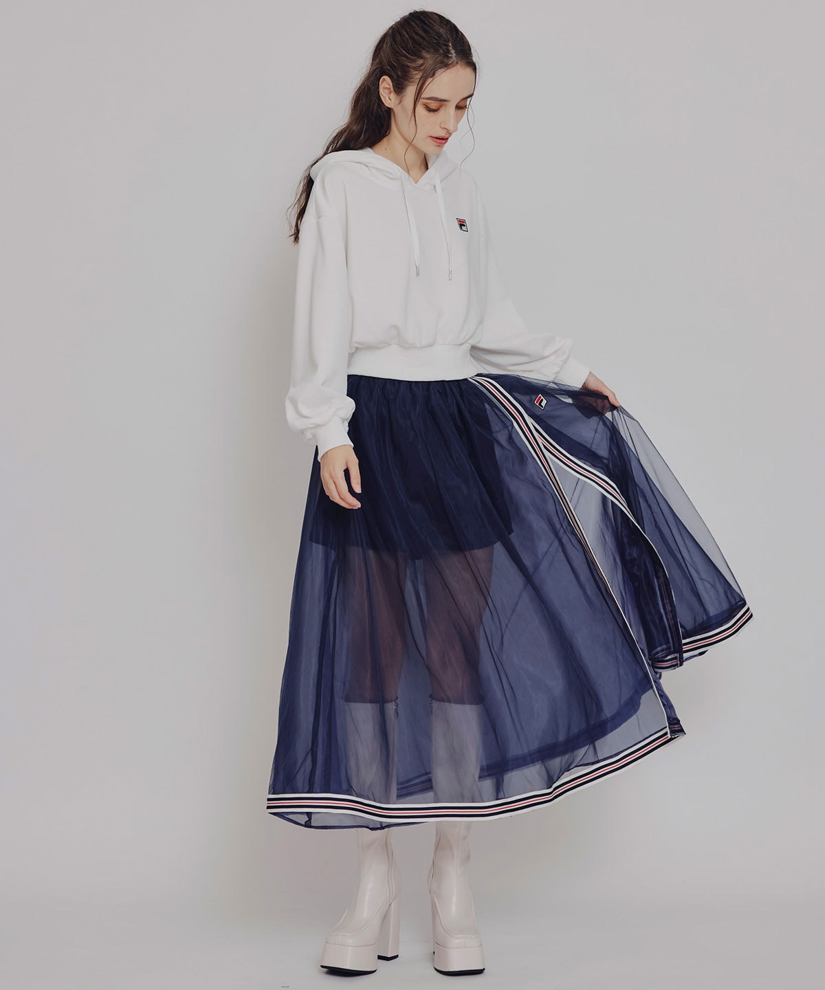 ［FILA×REDYAZEL］チュールレイヤードショートパンツ×トリコロールラインスリットロングスカート