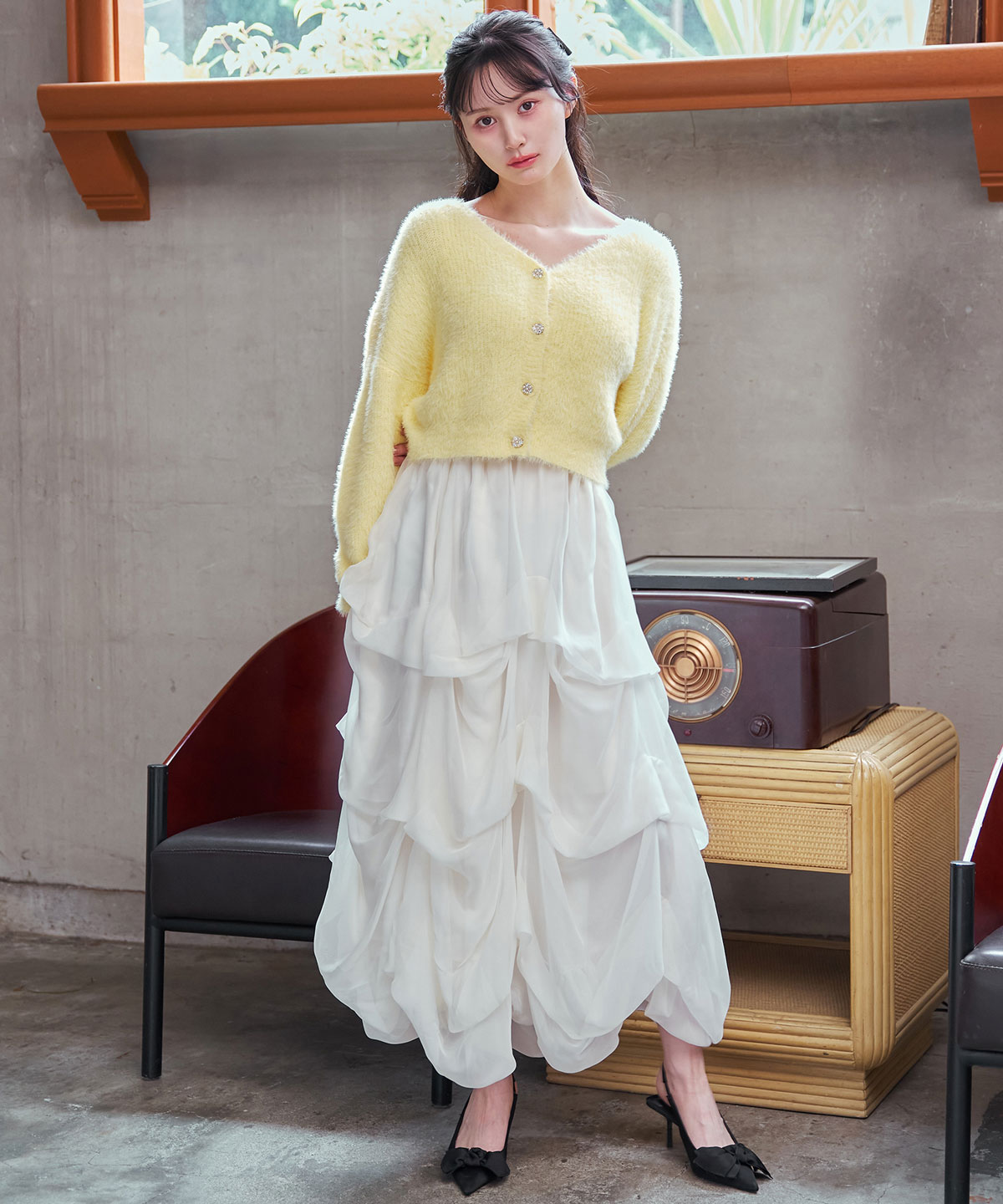 タックバルーンボリュームシフォンロングスカート