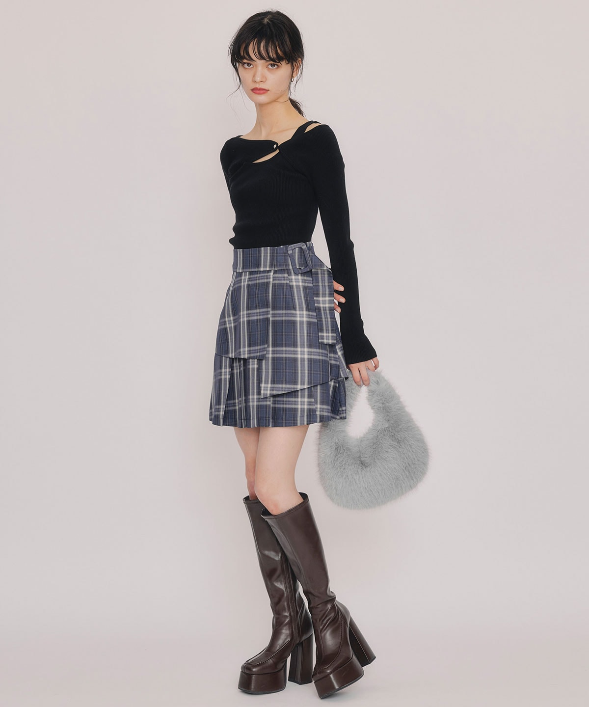 レイヤードライクチェックプリーツミニスカート
