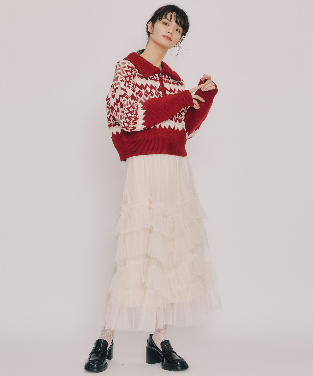 ギャザーチュールティアードロングスカート