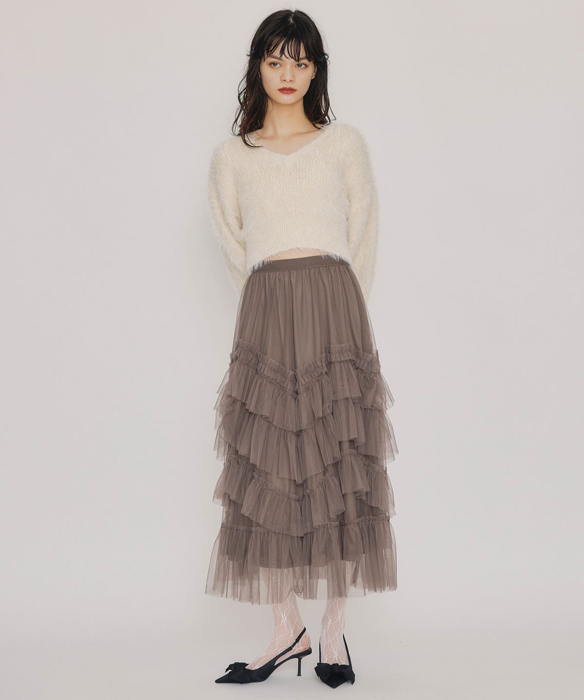 ギャザーチュールティアードロングスカート