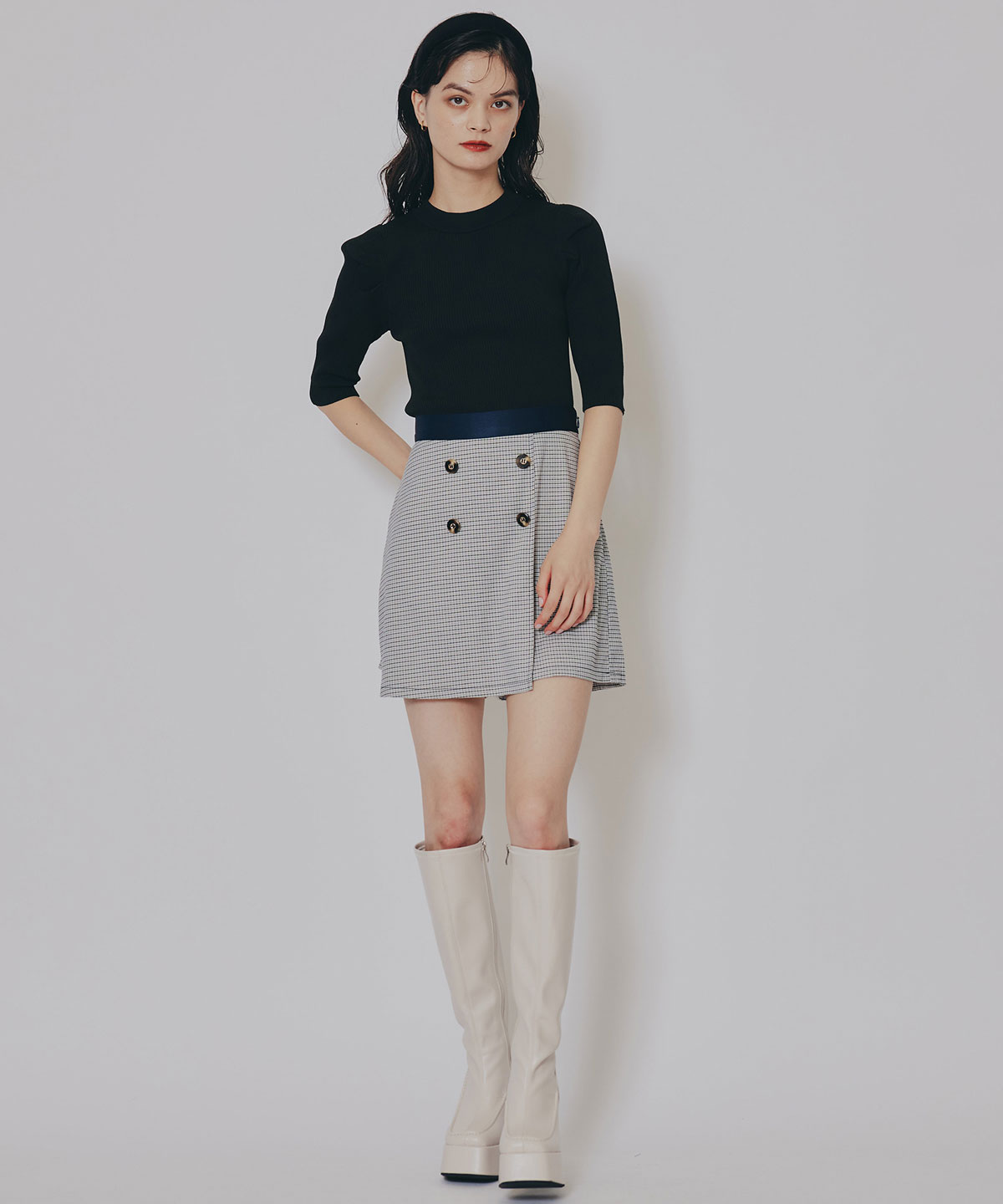 【セットアップ可能】グレンチェックミニラップスカートライクショートパンツ