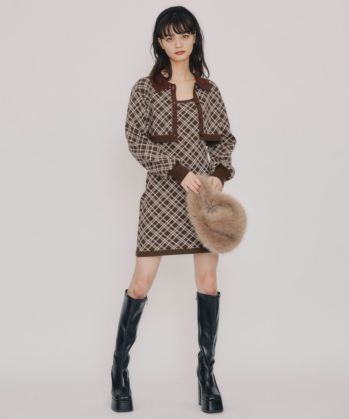 クラシカルニットカーディガン×キャミソールニットワンピースセットアップ